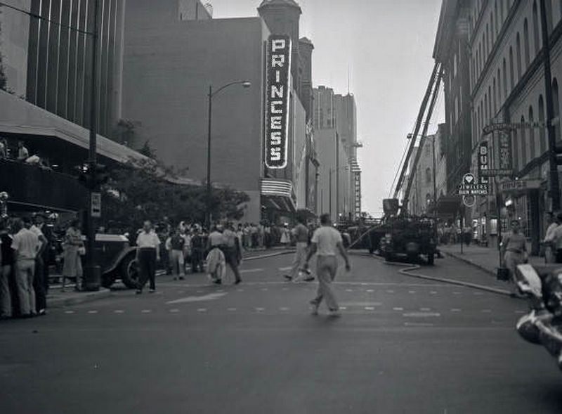A scene from the Maxwell House hotel fire in downtown Nashville, Tennessee on June 4th, 1958.