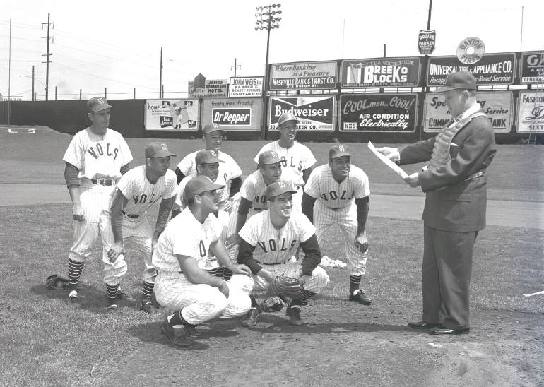 Mayor West with proclamation for Nashville Vols at Sulphur Dell, 1957