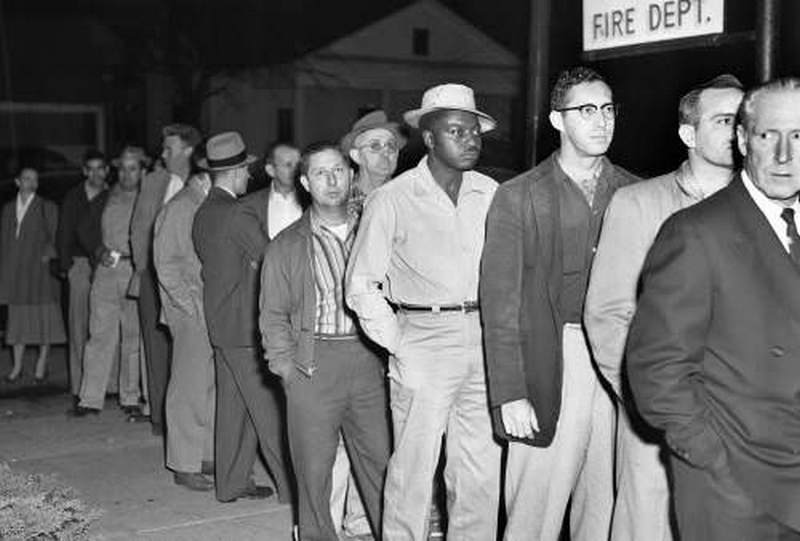 One African American in a long voting line in Clinton, Tennessee, 1956