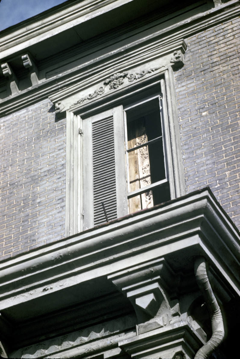 A second story window and the porchtop of Lynnlawn mansion in Nashville, Tennessee, 1959