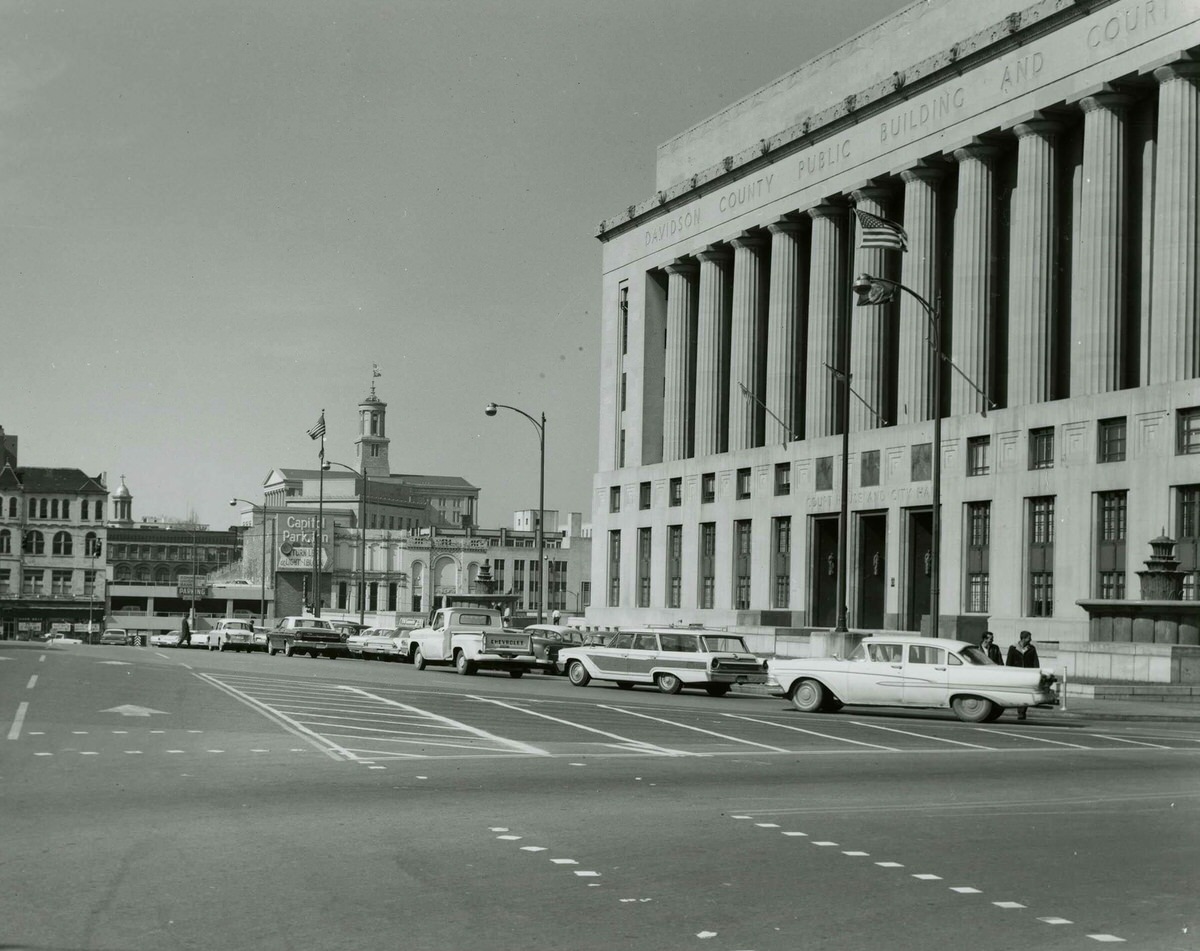 Public Square, Davidson County Courthouse in Nashville, Tenn. Tennessee State Capitol in the background, 1967