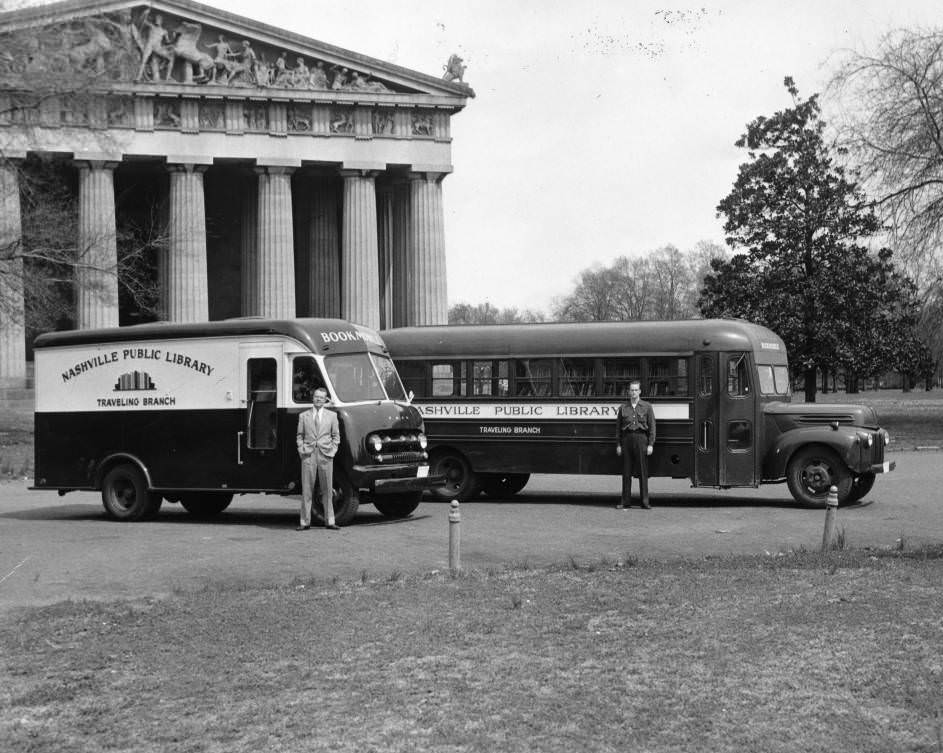 Two Nashville Public Library bookmobiles in Centennial Park in front of the Parthenon, 1955