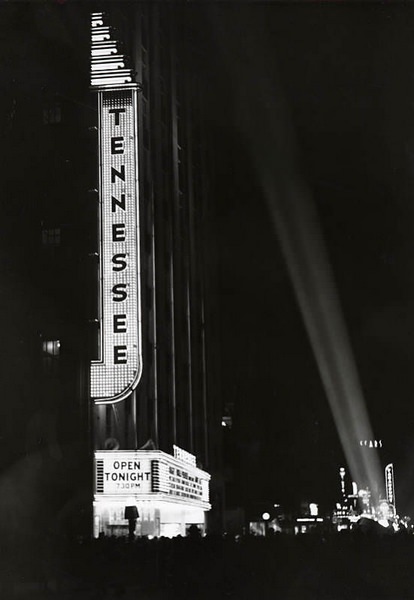 Tennessee Theatre exterior, marquee and neon sign on opening night, 1952