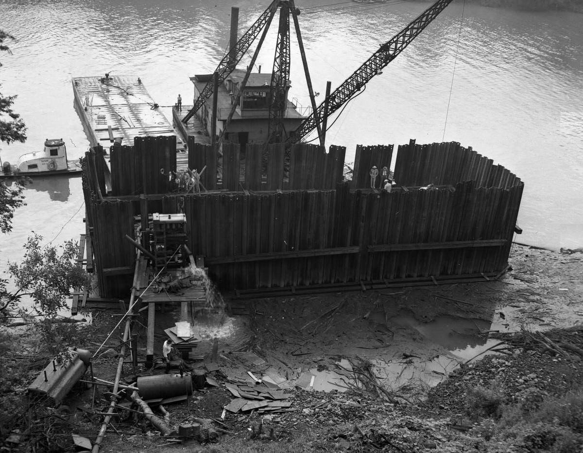 Victory Memorial Bridge construction, Cumberland River views, Nashville, Tennessee, 1950s