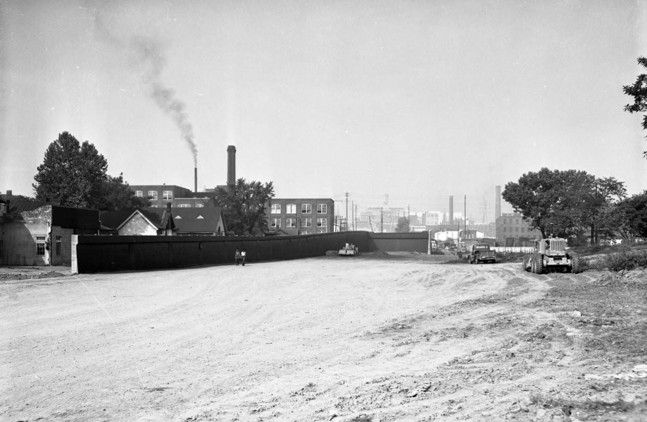 Victory Memorial Bridge excavation on east side of Cumberland River, Nashville, 1953