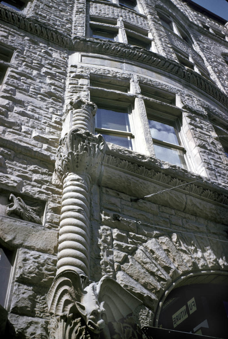A gargoyle on the front archway column of the old Chamber of Commerce building in Nashville, 1959