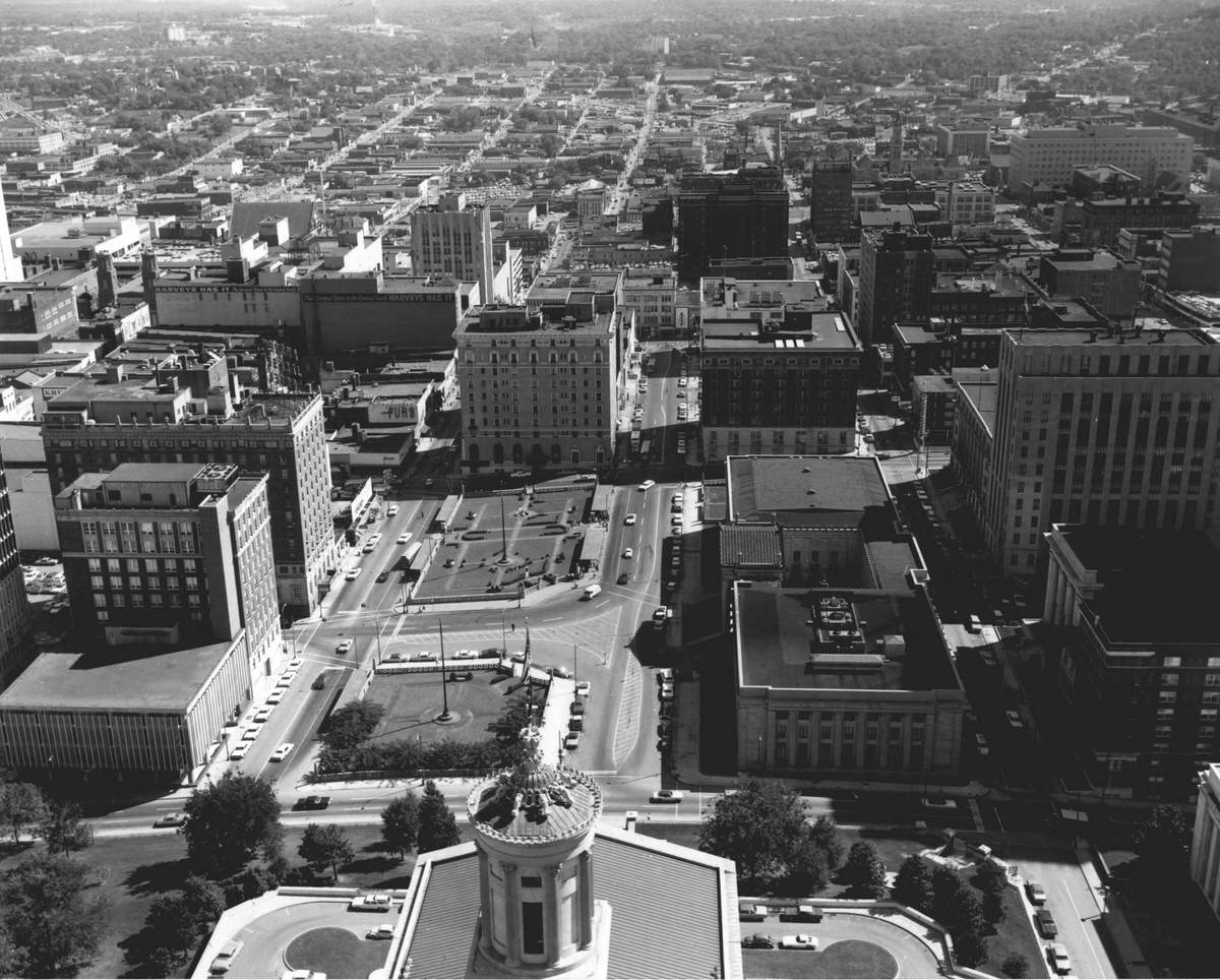 Aerial view of downtown Nashville, Tennessee, looking south, 1969.