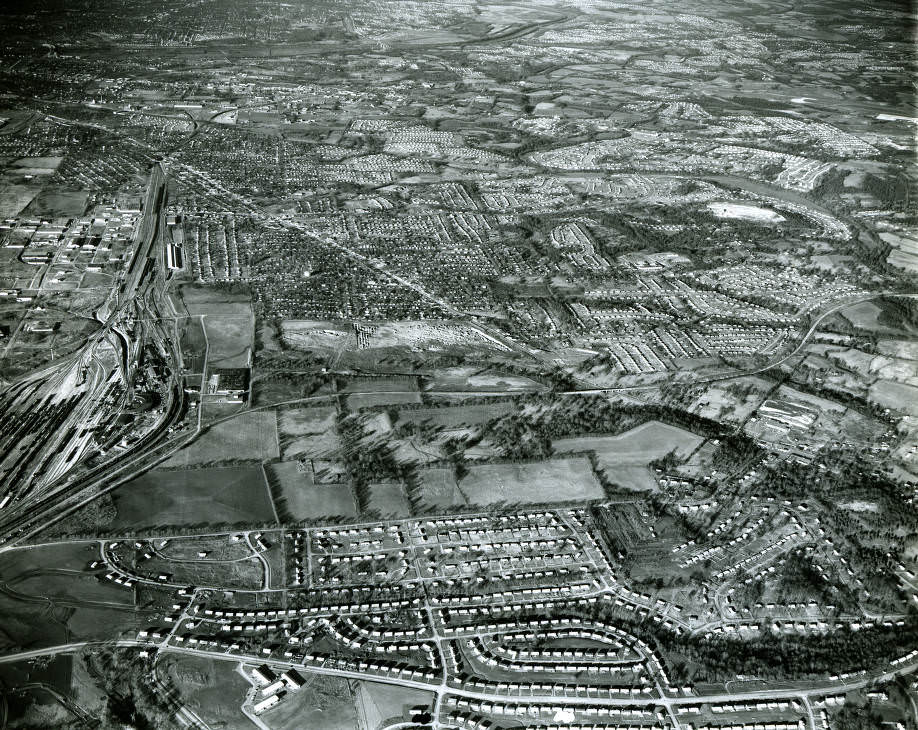 Aerial of Crieve Hall and Nolensville Road area, south of Nashville, Tennessee, 1961