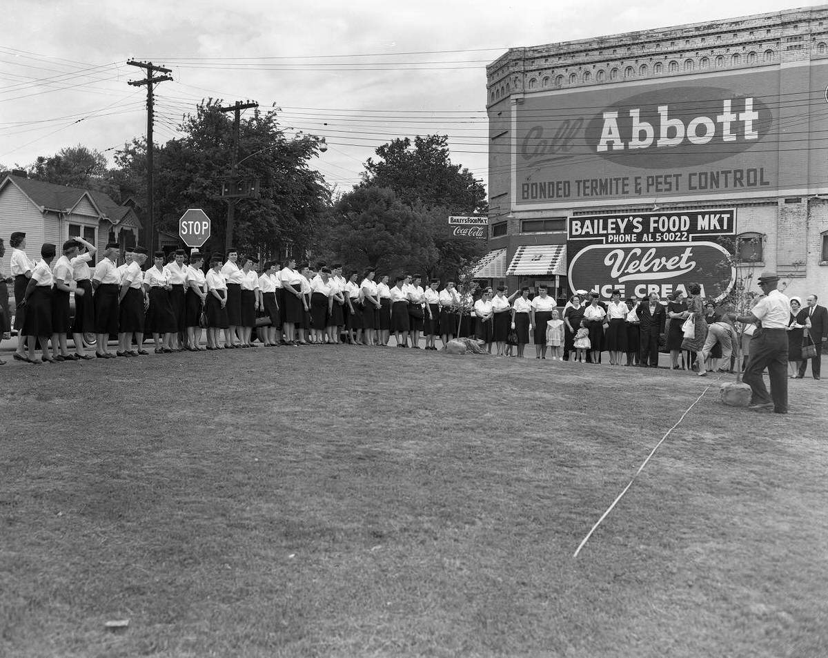 Bailey’s Food Market tree planting with Mayor West and traffic patrol mothers, Nashville, Tennessee, 1962