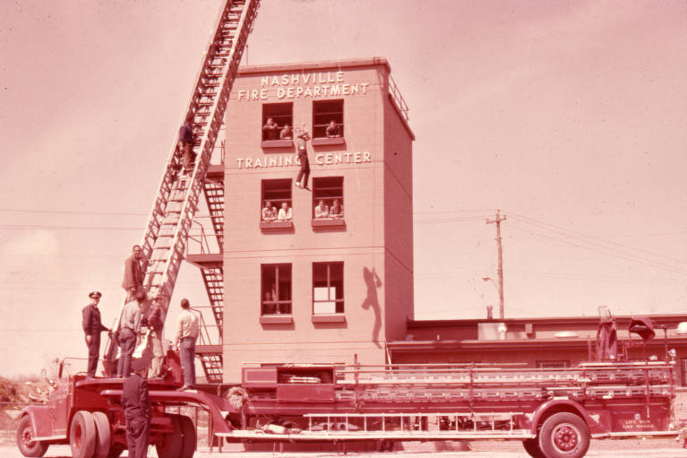 Hook and ladder at Fire Department training center, Nashville, Tennessee, 1969