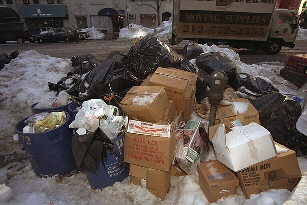 Garbage piles up at Columbus Ave. at 72nd St. due to the blizzard.