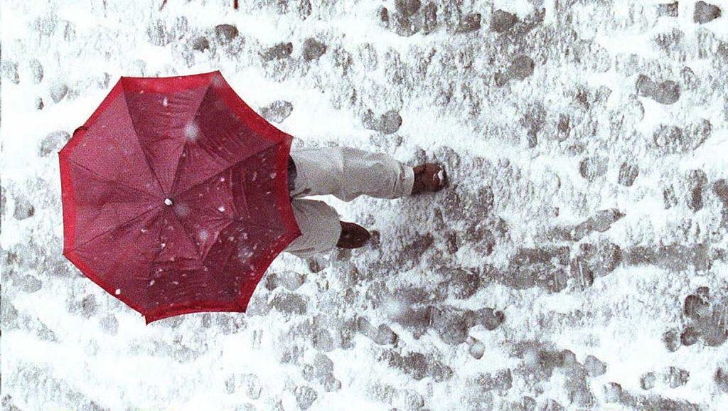 A pedestrian walks among tracks in the snow 29 March during a spring snowstorm in New York City.