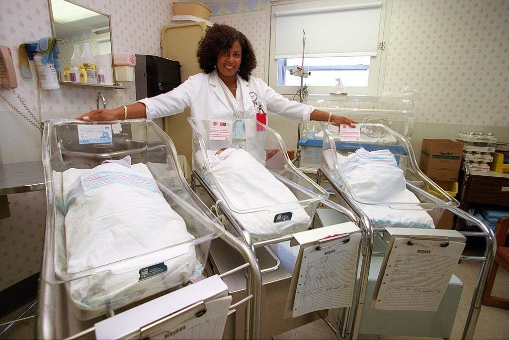 Provie Monchek in maternity ward at Beth Israel Hospital with babies born in the blizzard.