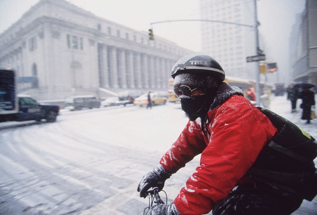 Man Wearing Scarf on Face Riding Bicycle in Manhattan, New York City, 1996