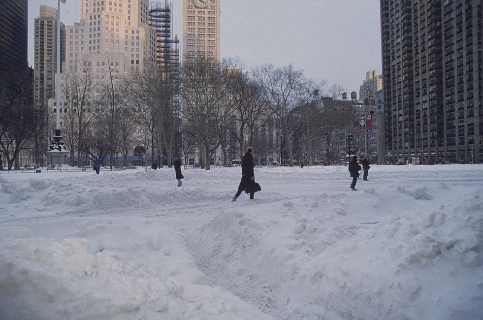 Pedestrians Walking Across Park Buried in Snow, New York City, 1996
