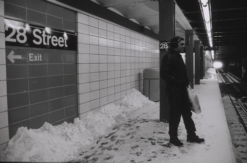 Man Stands on Snowy Train Platform, New York City, 1996