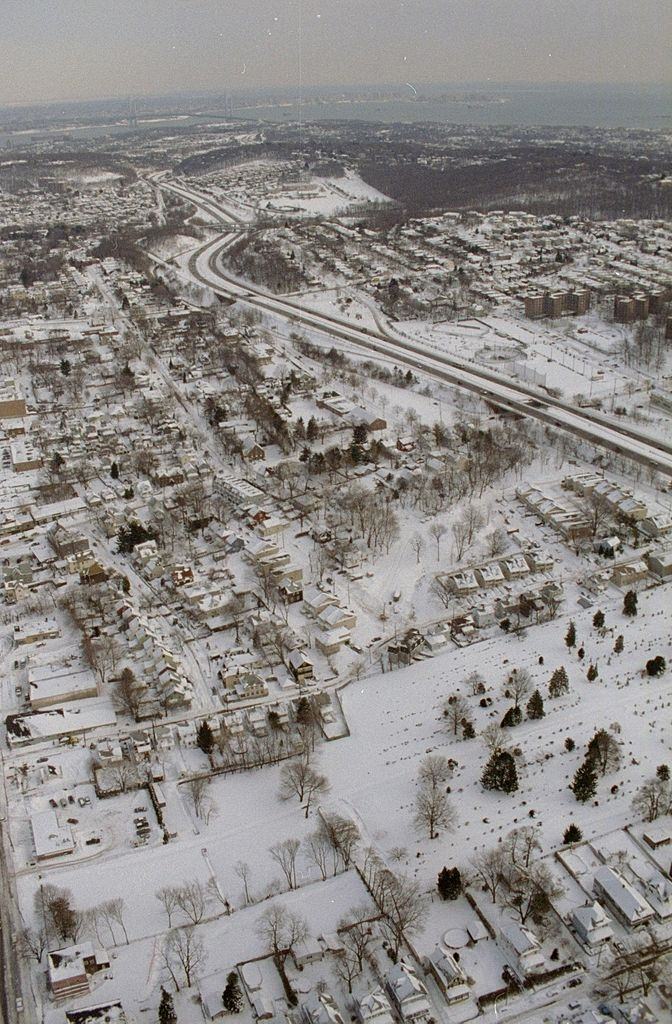 Aerial of Staten Island after a blizzard.