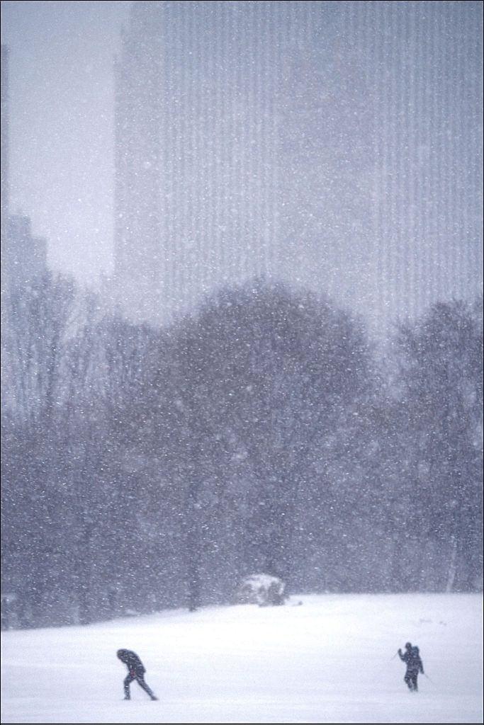 Cross Country skiers cross the Sheep Meadow in Central Park during the Blizzard, New York,.