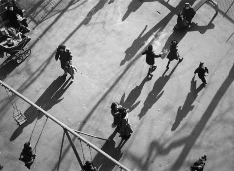 Children and shadows in park, 1951