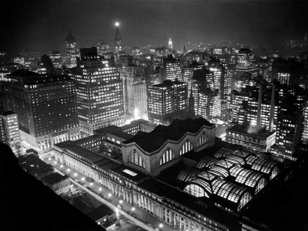 New York's famed Penn Station as seen from the roof of the Hotel New Yorker, 1940