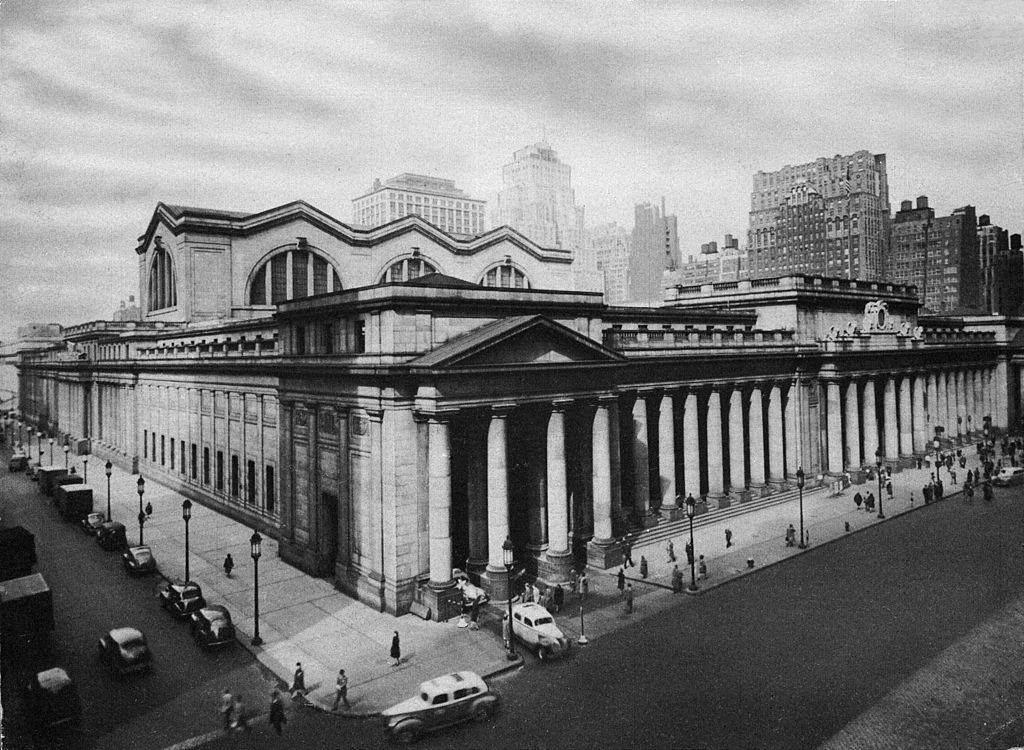 Pennsylvania Station in New York pictured from the corner of Seventh Avenue, 1940