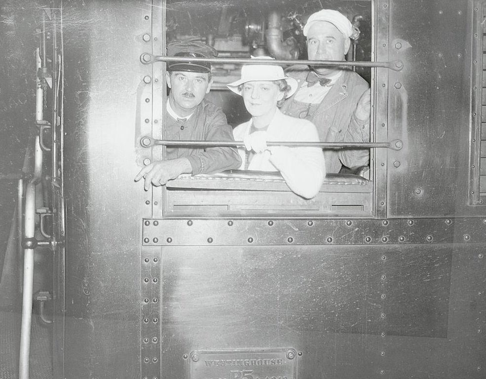 Ethel Barrymore with Two Train Engineers, 1933