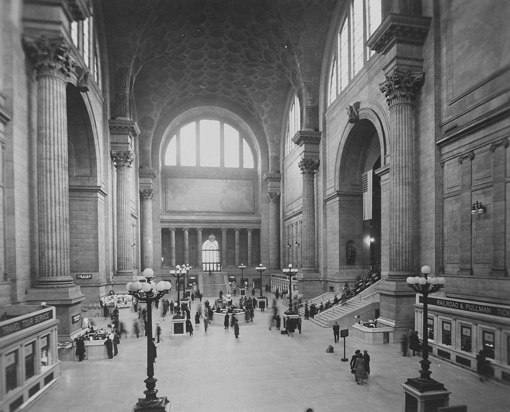 Pennsylvania Station at 34th Street and 7th Avenue is shown below Madison Square Garden.