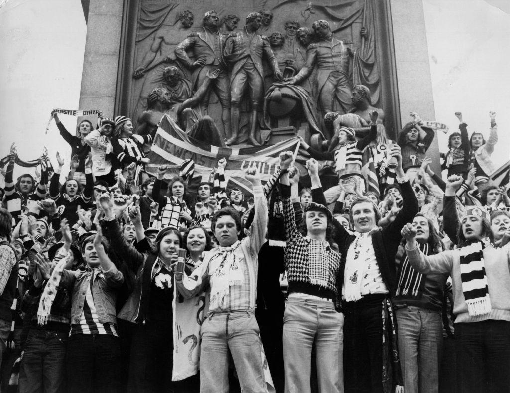 A crowd of Newcastle United supporters in Trafalgar Square, London, 1972