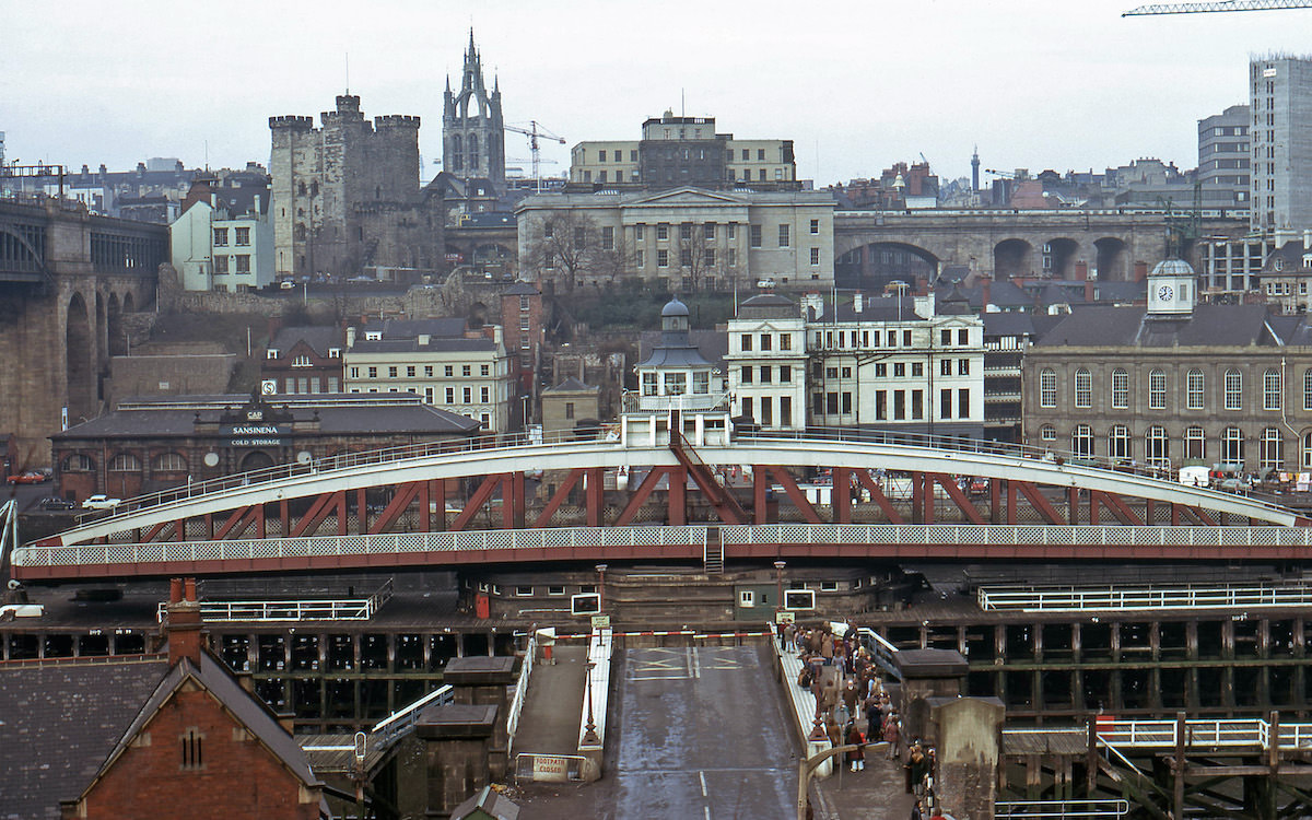 View to Newcastle from Gateshead in 1975, with a queue waiting to cross the Swing Bridge