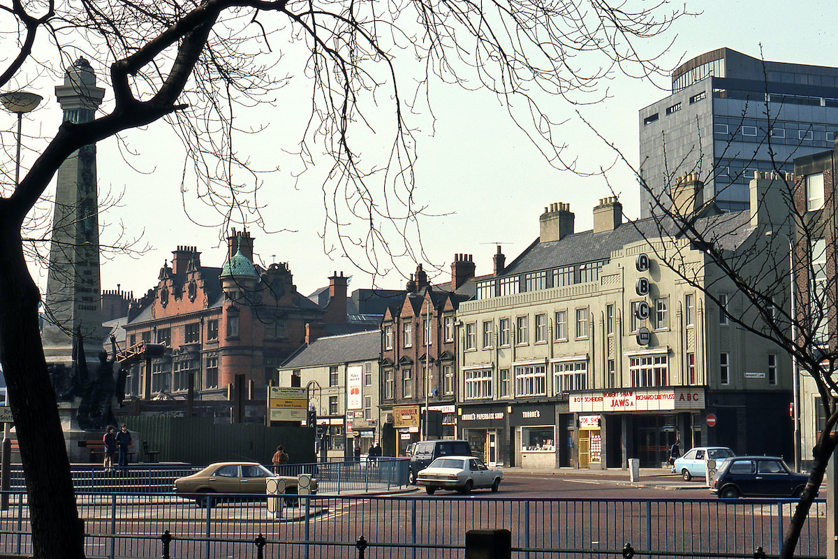 A 1976 view of the Haymarket area of Newcastle. The ABC cinema is showing the new blockbuster film ‘Jaws’.