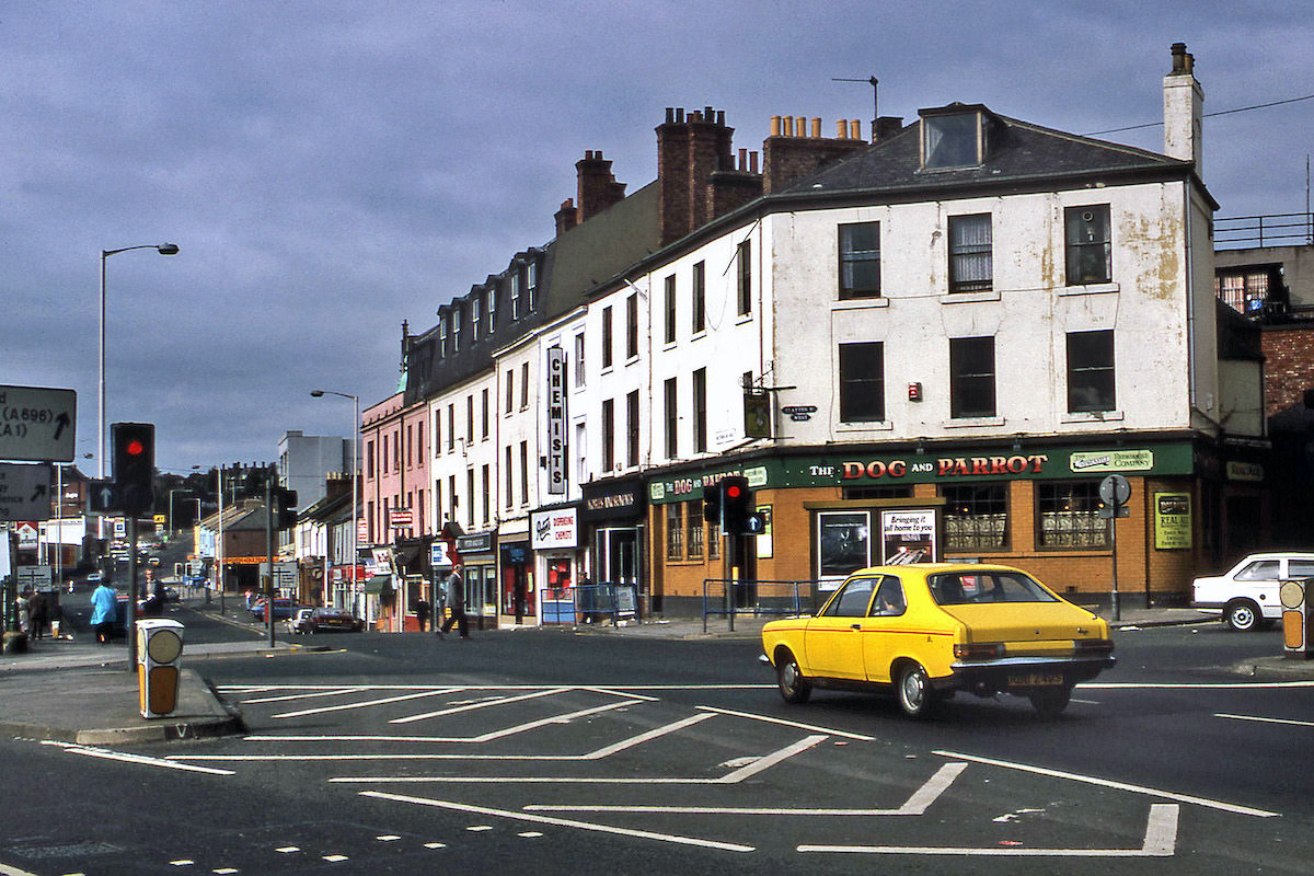 A 1987 view from the end of Neville Street, Newcastle, towards the junction of Westmorland Road and Clayton Street West.