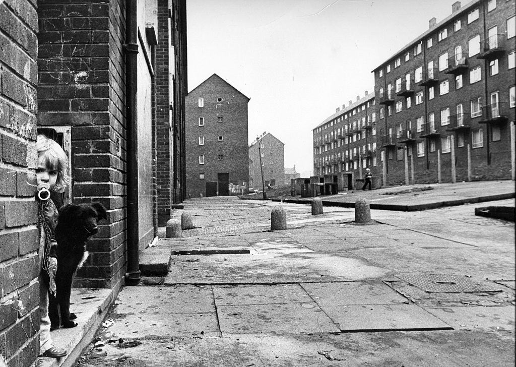 Derelict housing in an area of Newcastle - A little girl and her pet dog play in the street, 1970s