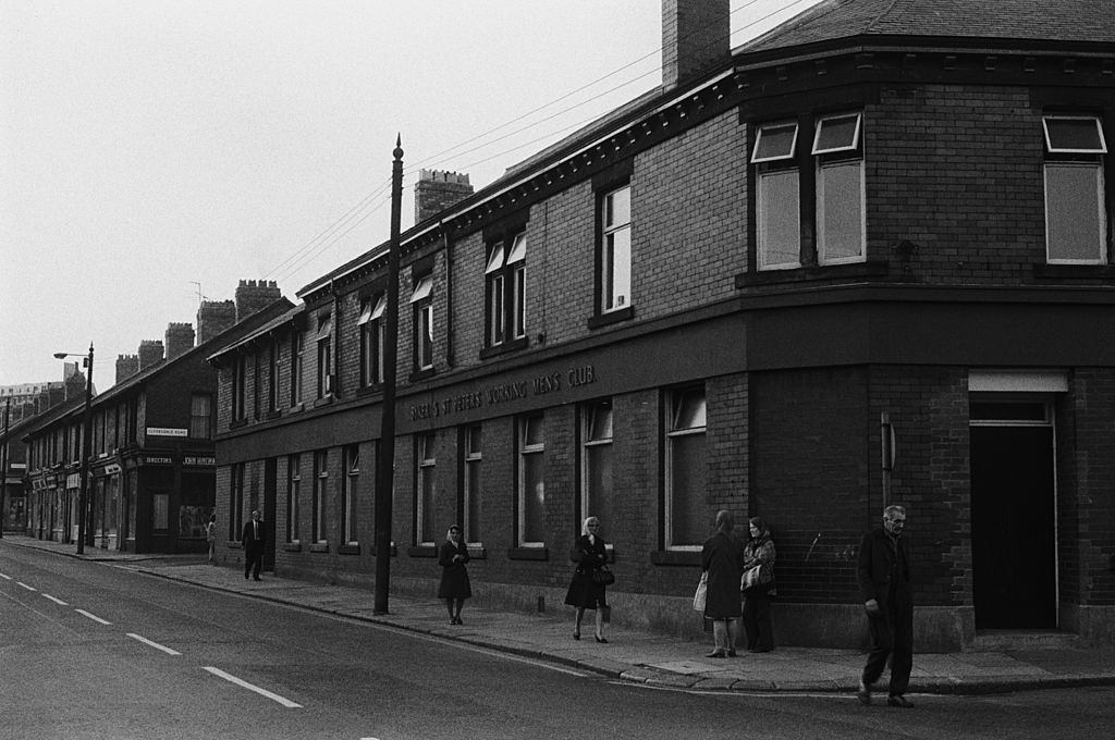 The exterior of Byker & St. Peters Working Men's Club on Sunday morning in Newcastle Upon Tyne, 1973.