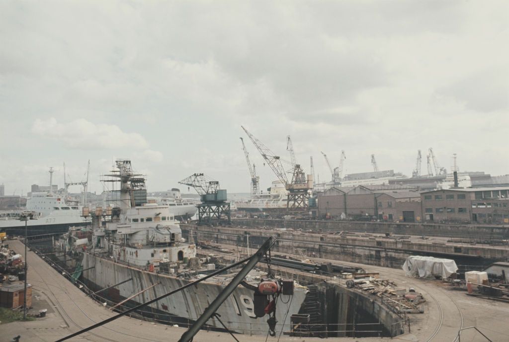 Chilean Navy destroyer undergoing a re-fit in a dry dock at the Swan Hunter shipbuilding complex located on the River Tyne at Wallsend near Newcastle upon Tyne, 1972