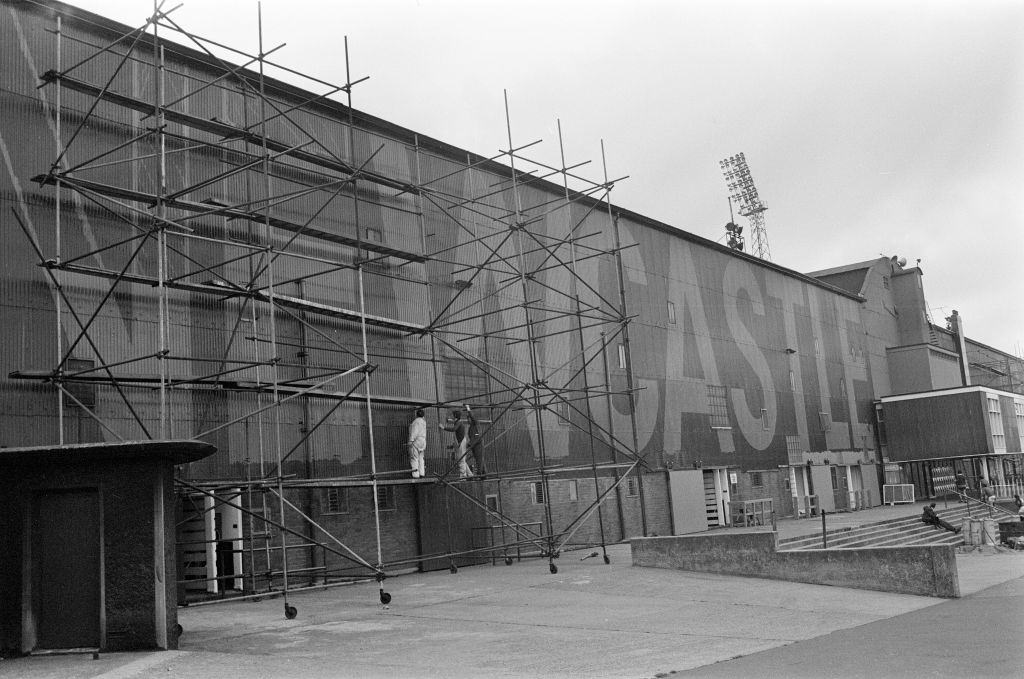 New giant sign at St James Park, home of Newcastle United Football Club, Fallowgate end, 27th July 1971.