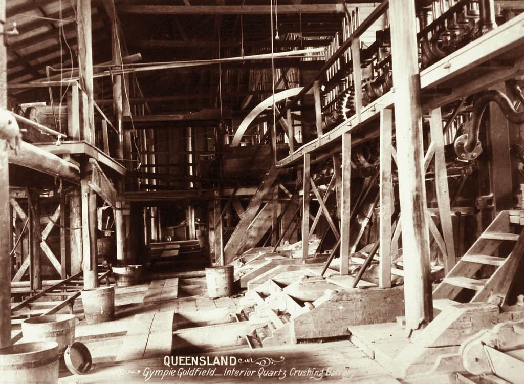 Interior of Quartz crushing battery, Gympie Goldfield, 1897