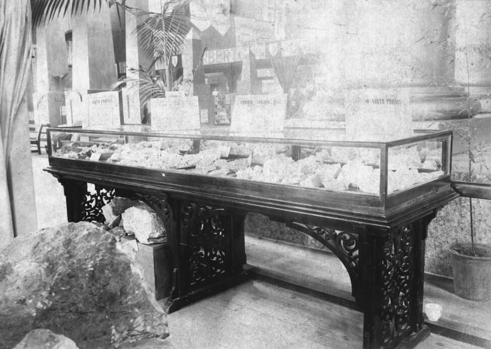 Case of rich gold specimens from Gympie, Queensland International Exhibition, Brisbane, 1897
