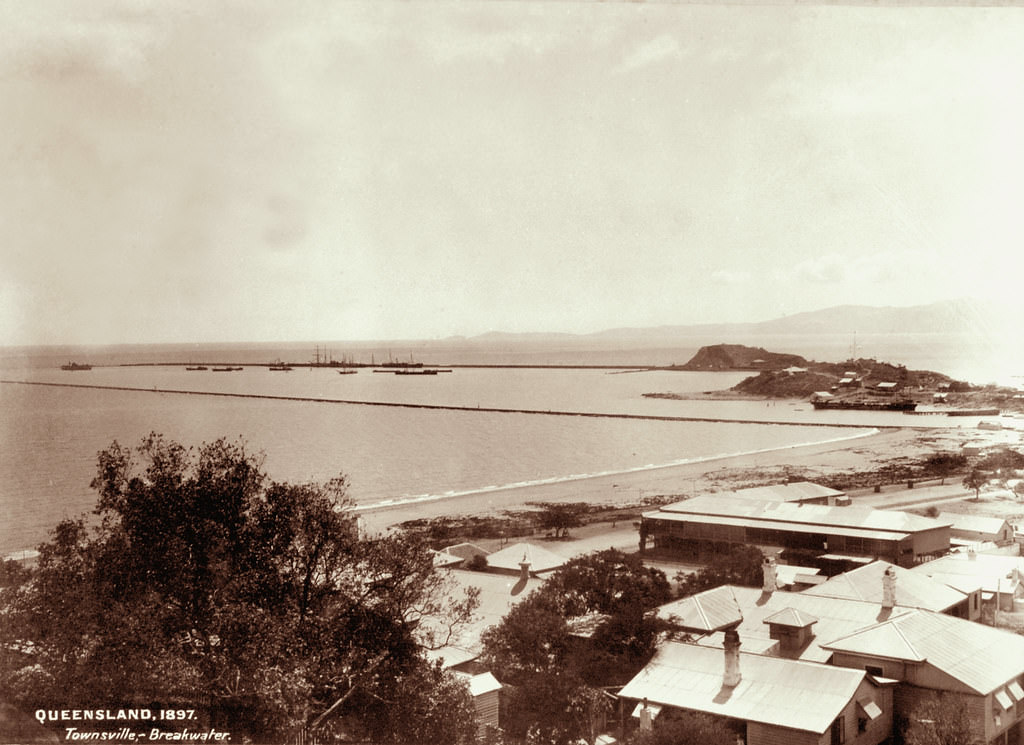 Looking across the Strand to breakwater, Townsville, 1897