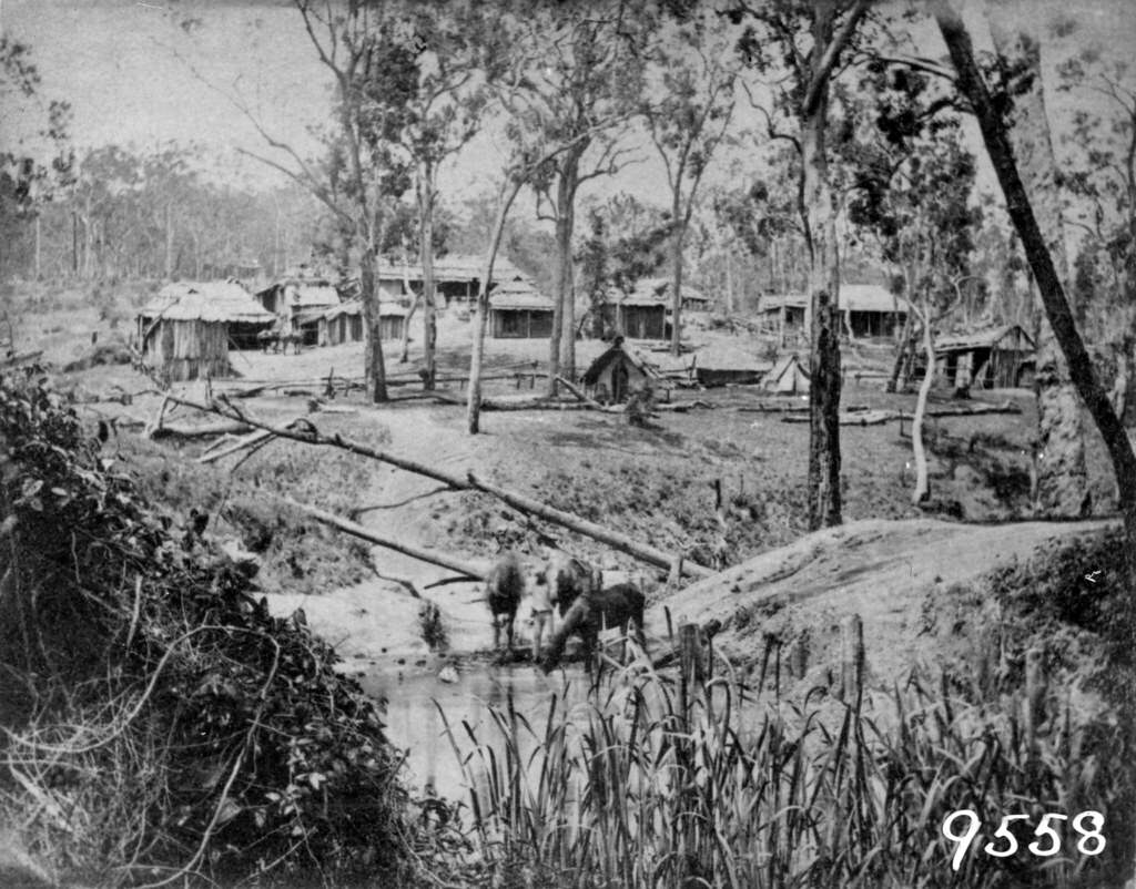 Holmes' Camp during the construction of the Ipswich to Toowoomba Railway, 1865