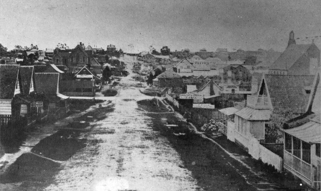 Adelaide Street, looking from the Old Lands Office on George Street, Brisbane, 1860