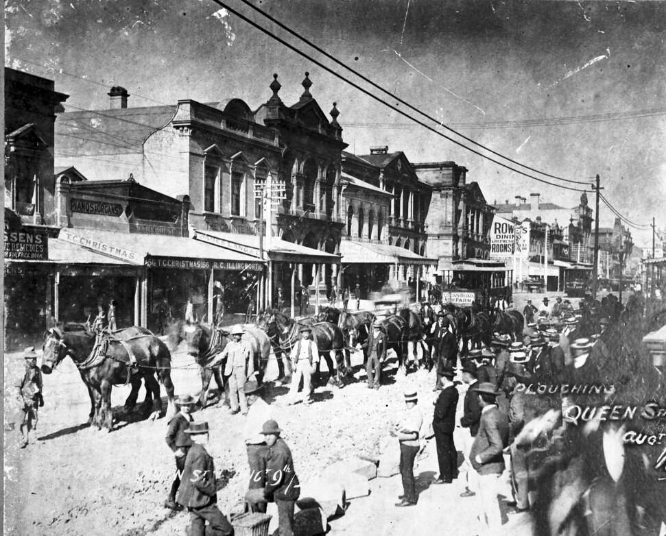 Ploughing Queen Street, 1890s