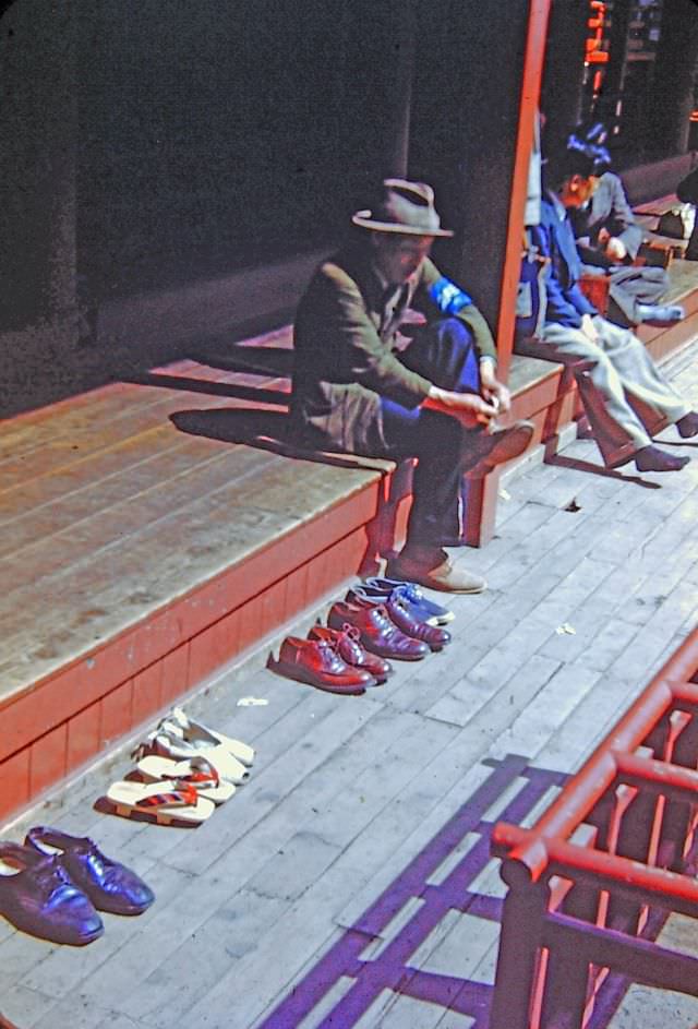 Nikko. Shoes outside shrine, 1950