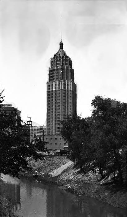 Smith-Young Tower and the San Antonio River between Martinez and Nueva Streets, San Antonio, 1930