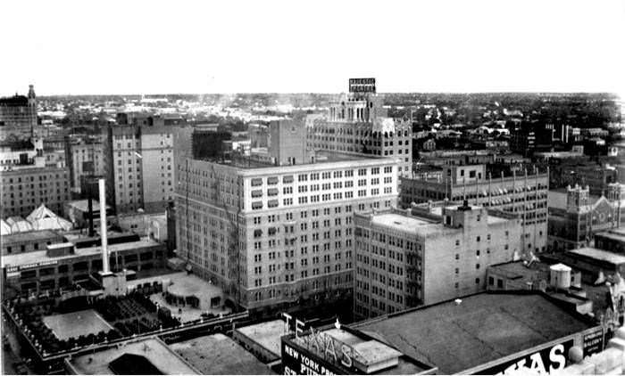 Looking southeast from the Milam Building towards Gunter Hotel and Gunter Office Building, San Antonio, 1930