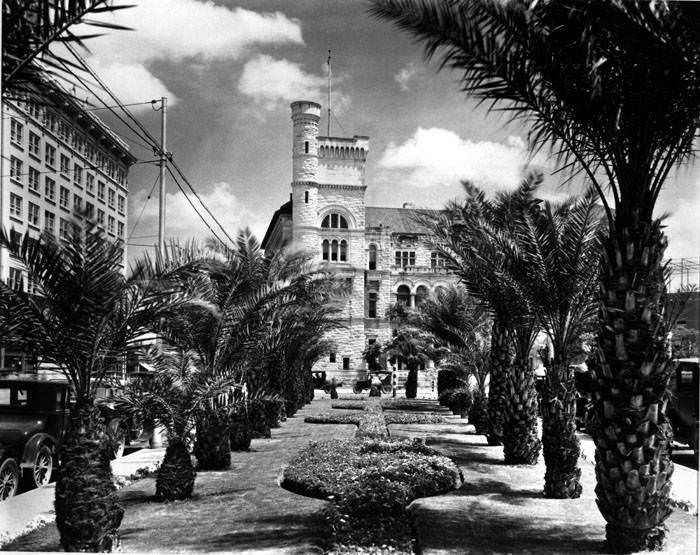 Palm trees on Alamo Plaza in front of Federal Building and Post Office, San Antonio, 1935