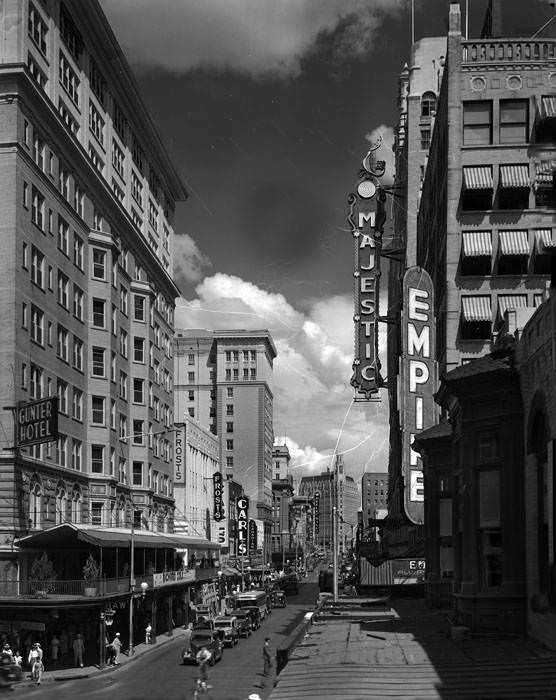E. Houston Street looking east toward intersection of N. St. Mary's Street, San Antonio, Texas, ca. 1936