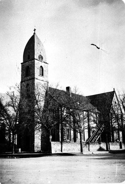 South and east elevations of Old St. Mary's Catholic Church, corner of San Antonio and Orange Streets, Fredericksburg, Texas, ca. 1936