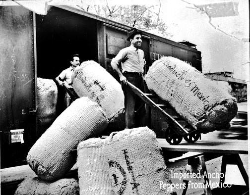 Unloading ancho peppers, Gebhardt Chili Powder Company, 1810 S. Laredo Street, San Antonio, 1937