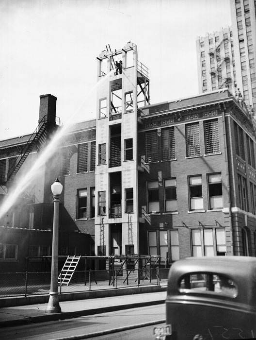 San Antonio firemen in drills at Central Fire Station, 1937