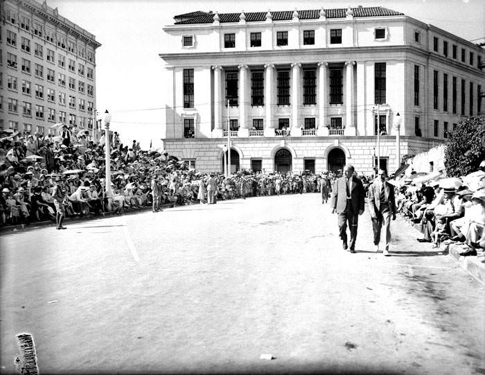 Looking north from Alamo Plaza to Post Office for 1937 Battle of Flowers Parade, 1937